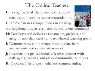 The Online Teacher: F:  Is cognizant of the diversity of student  needs and incorporates accommodations G:  Demonstrates competencies in creating  and implementing assessments in online environments H:  Develops and delivers assessments, projects, and assignments that meet standards-based learning goals I:  Demonstrates competency in using data from assessments and other data sources J:  Interacts in a professional, effective manner with colleagues, parents, and other community members K:  (Optional) Arranges media and content online 