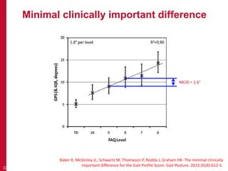 Minimal clinically important difference
25
Baker R, McGinley JL, Schwartz M, Thomason P, Rodda J, Graham HK. The minimal clinically
important difference for the Gait Profile Score. Gait Posture. 2012;35(4):612-5.
MCID = 1.6°
 