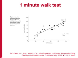 1 minute walk test
6
McDowell, B.C., et al., Validity of a 1 minute walk test for children with cerebral palsy.
Developmental Medicine and Child Neurology, 2005. 47(11): p. 744-8.
 