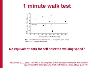 1 minute walk test
7
McDowell, B.C., et al., Test-retest reliability of a 1-min walk test in children with bilateral
spastic cerebral palsy (BSCP). Gait and Posture, 2009. 29(2): p. 267-9.
No equivalent data for self-selected walking speed?
(After practice walk)
 