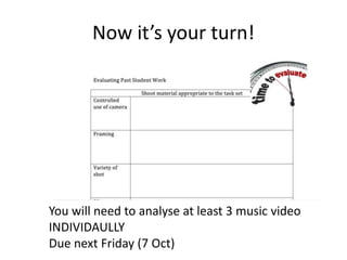 Now it’s your turn!
You will need to analyse at least 3 music video
INDIVIDAULLY
Due next Friday (7 Oct)
 