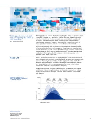 “Making perfusion work is all about mitigating the effect of contamination”, 
comments Principal Rick Johnston. “Making sure that backup perfusion 
vessels, innoculum at the correct scale, and even media is available at 
all times is critical to success.” After extensive consultation with the 
manufacturer, redundant capacity was added to the perfusion train to 
allow operations to continue even if a vessel was contaminated. 
Bioproduction Group then produced a comprehensive simulation model 
of fermentation perfusion technologies to show how they could be used 
in ‘semi-batch’ mode with existing (batch-based) purification equipment. 
Unused scale-up tanks were re-tasked to produce clinical and small-scale 
production, allowing the plant to produce multiple products at very 
different scales at the same time. 
“Making perfusion work is all 
about mitigating the effect of 
contamination” 
Rick Johnston, Principal 
Results Bio-G’s recommendations were to segregate production into a small-scale 
batch-based production train and a large-scale perfusion fermentation train, 
retaining the ability to operate the plant in large-scale batch mode. The 
resulting design increased the plant’s capacity to simultaneously operate 
as a launch platform for new products, as well as perform technology 
transfer and optimally utilize workers in the plant. 
More importantly, the output of the simulations showed that this change 
would allow the company to produce significantly more material without 
large-scale engineering changes. The NPV of this scenario was $125MM 
over 4 years. 
production quantity 
and contamination risk vs. 
campaign length 
MORE INFORMATION 
BIOPRODUCTION GROUP 
CONTACT@BIO-G.COM 
www.bio-g.com 
100% 
75% 
PROBABILITY (%) 
30 DAY 
PERFUSION 
CAMPAIGN 
THROUGHPUT (KGS) 
50% 
25% 
0% 
45 DAY 
PERFUSION 
CAMPAIGN 
60 DAY 
PERFUSION 
CAMPAIGN 
75 DAY 
PERFUSION 
CAMPAIGN 
© Bioproduction Group. All Rights Reserved. 2 
