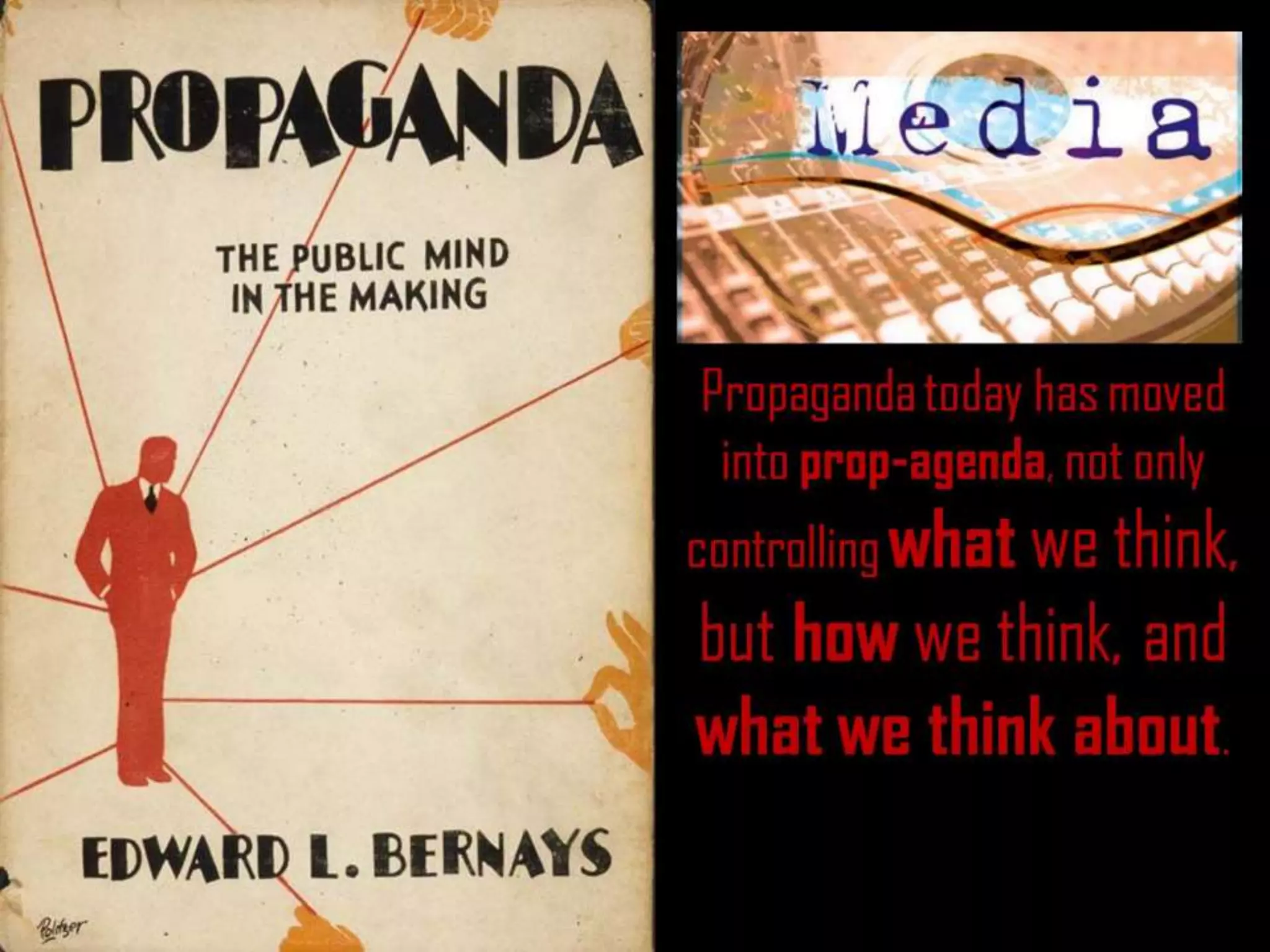 Propaganda today has moved
into prop-agenda, not only
controlling what we think,
but how we think, and
what we think about.
 