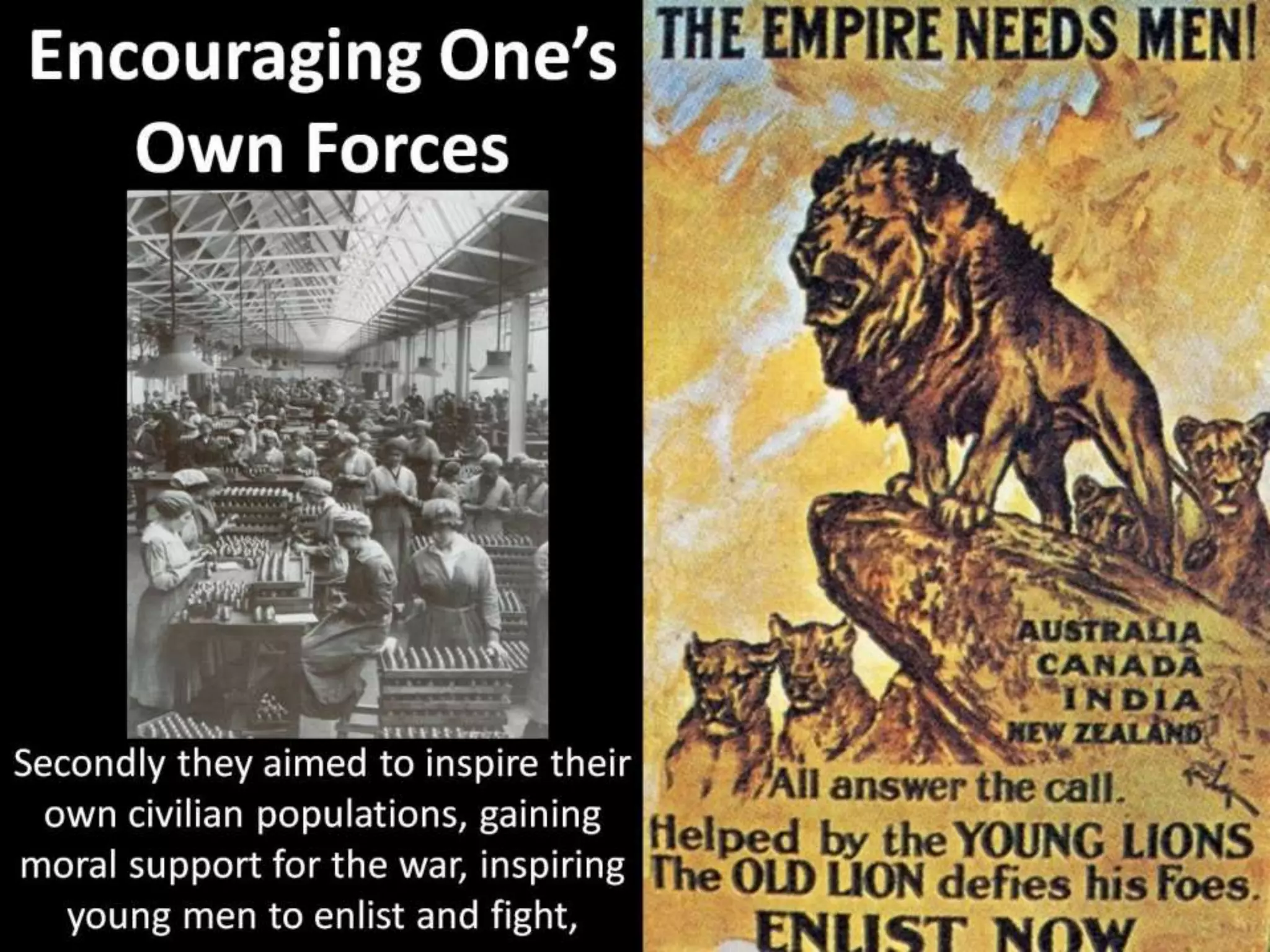 Encouraging One’s
Own Forces
Secondly they aimed to inspire their
own civilian populations, gaining
moral support for the war, inspiring
young men to enlist and fight,
 