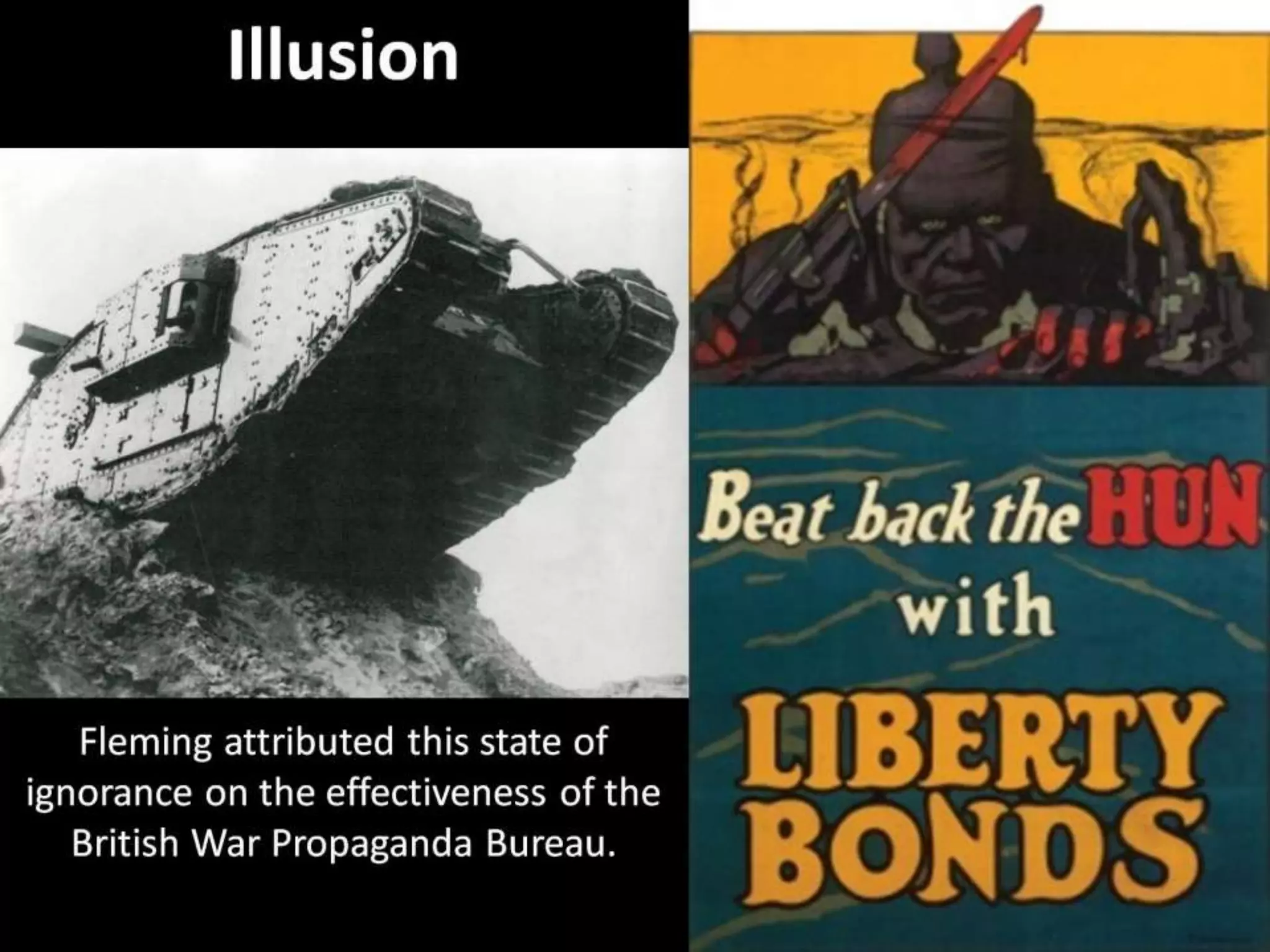 Illusion
Fleming attributed this state of
ignorance on the effectiveness of the
British War Propaganda Bureau.
 
