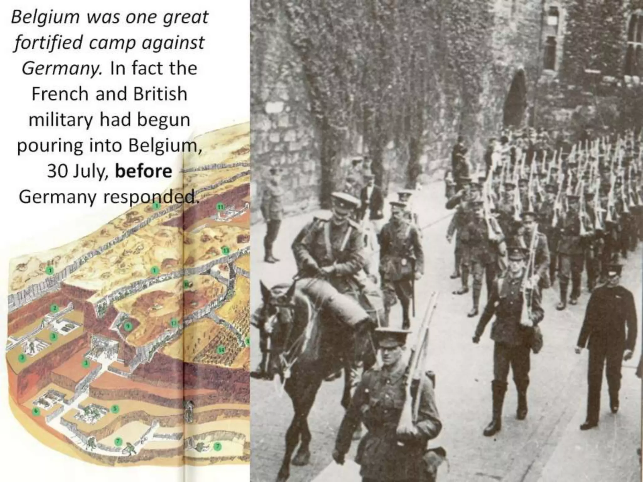 Belgium was one great
fortified camp against
Germany. In fact the
French and British
military had begun
pouring into Belgium,
30 July, before
Germany responded.
 