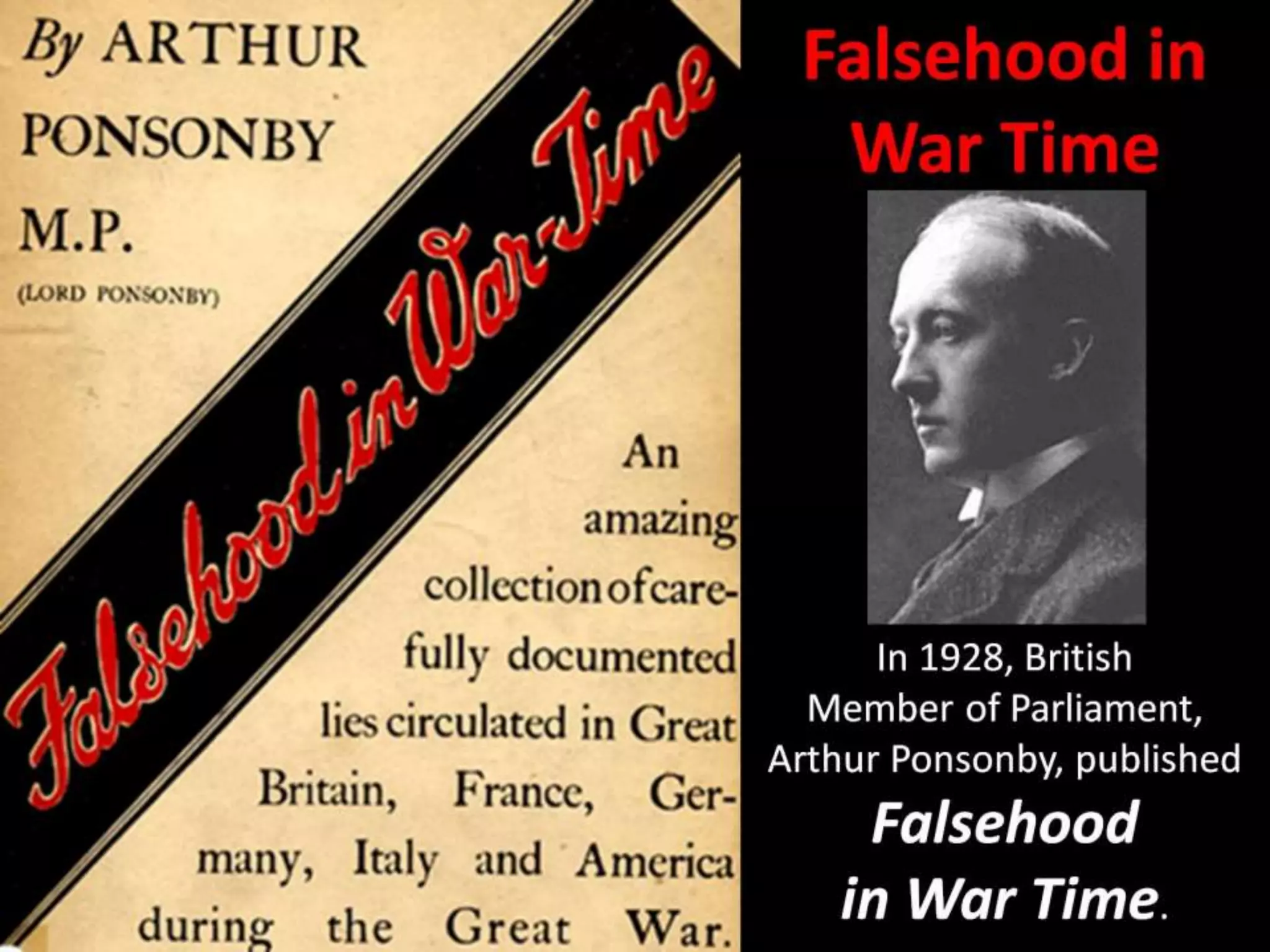 Falsehood in
War Time
In 1928, British
Member of Parliament,
Arthur Ponsonby, published
Falsehood
in War Time.
 