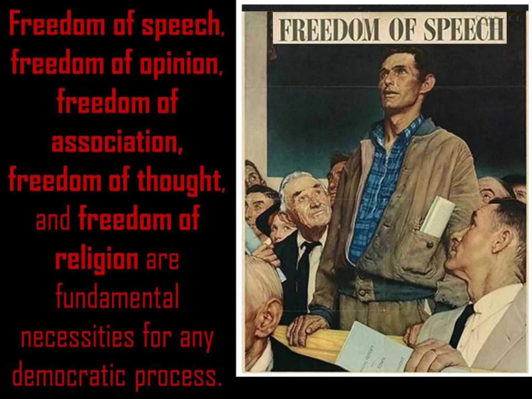 Freedom of speech,
freedom of opinion,
freedom of
association,
freedom of thought,
and freedom of
religion are
fundamental
necessities for any
democratic process.
 