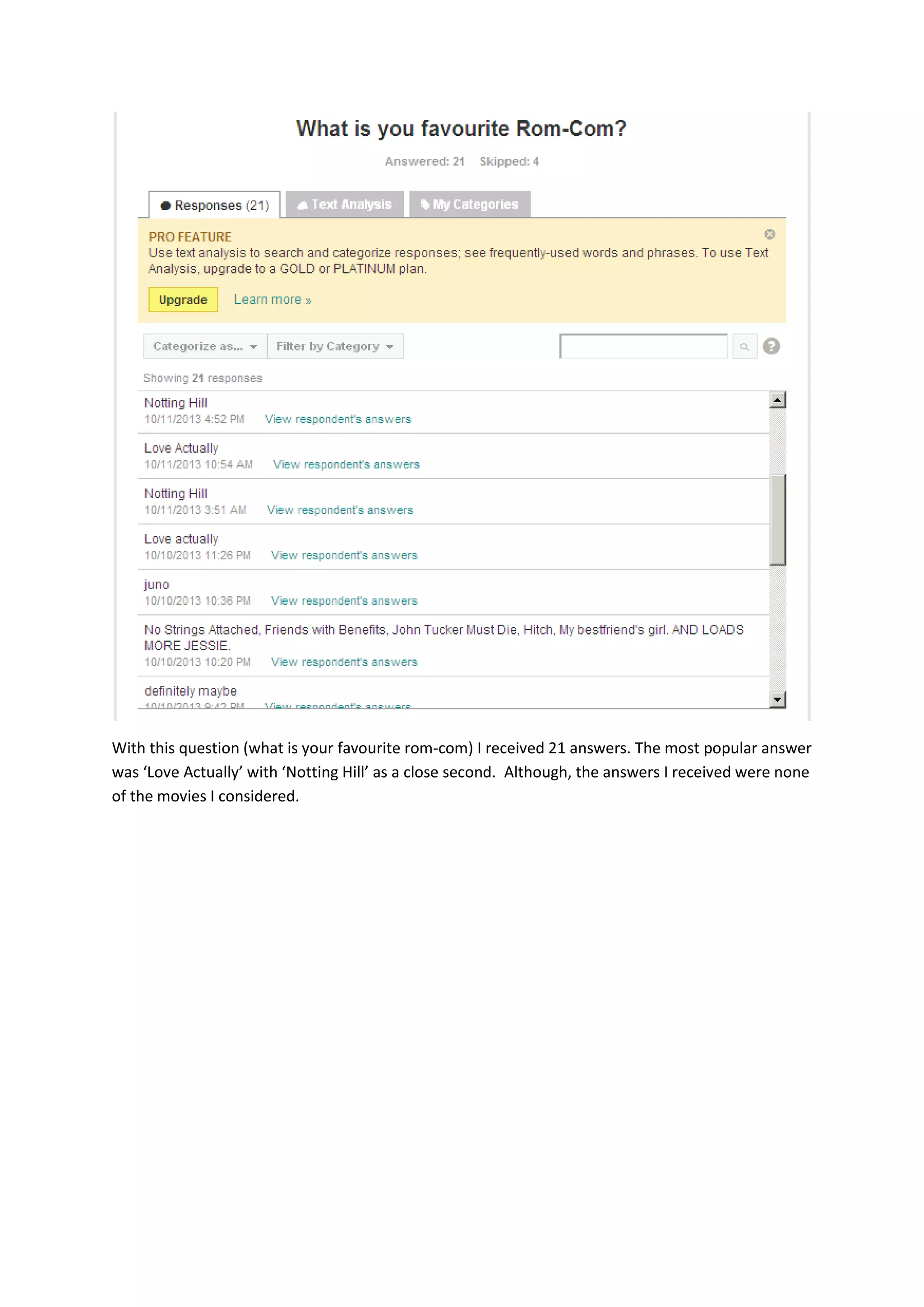 With this question (what is your favourite rom-com) I received 21 answers. The most popular answer
was ‘Love Actually’ with ‘Notting Hill’ as a close second. Although, the answers I received were none
of the movies I considered.

 