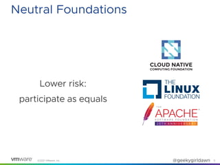 ©2021 VMware, Inc. @geekygirldawn
Lower risk:


participate as equals
9
Neutral Foundations
 