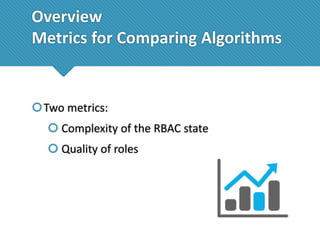 Overview
Metrics for Comparing Algorithms

Two metrics:
 Complexity of the RBAC state
 Quality of roles

 