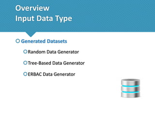 Overview
Input Data Type
 Generated Datasets
Random Data Generator
Tree-Based Data Generator
ERBAC Data Generator

 