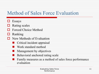 Evaluating Sales Force
Performance
11
Method of Sales Force Evaluation
 Essays
 Rating scales
 Forced Choice Method
 Ranking
 New Methods of Evaluation
 Critical incident appraisal
 Work standard method
 Management by objectives
 Behavioral anchored rating scale
 Family measures as a method of sales force performance
evaluation
 