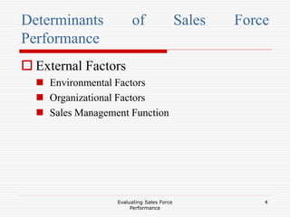 Evaluating Sales Force
Performance
4
Determinants of Sales Force
Performance
 External Factors
 Environmental Factors
 Organizational Factors
 Sales Management Function
 
