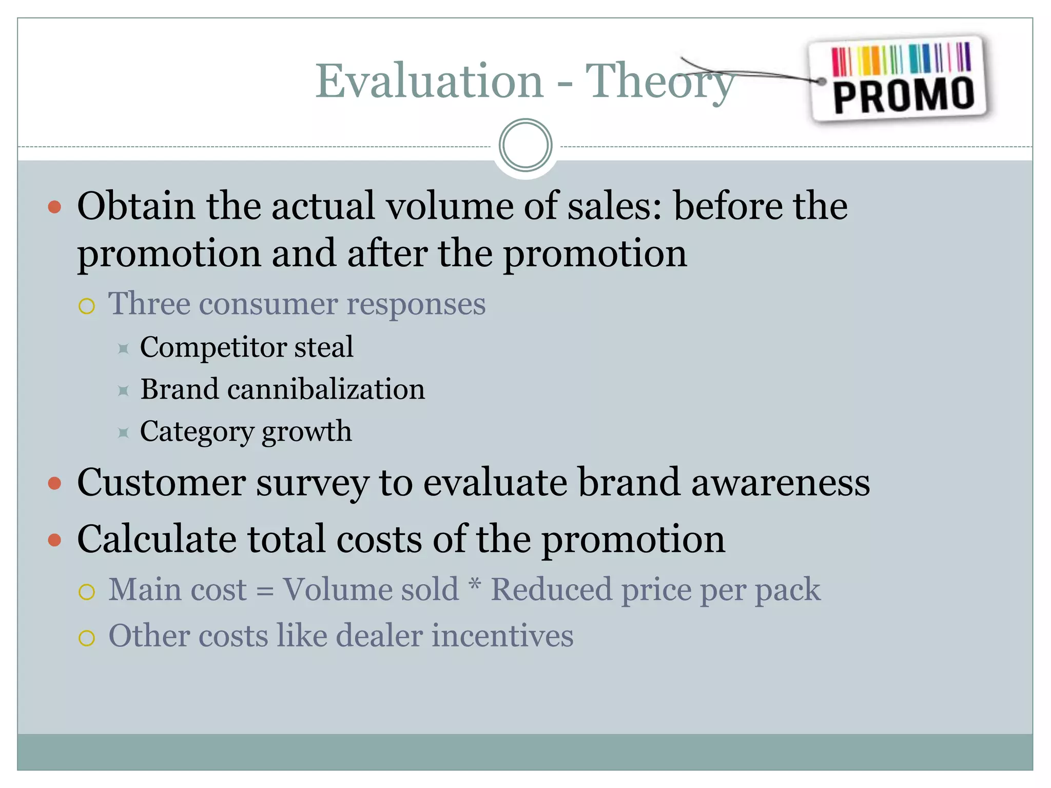 Evaluation - Theory
 Obtain the actual volume of sales: before the
promotion and after the promotion
 Three consumer responses
 Competitor steal
 Brand cannibalization
 Category growth
 Customer survey to evaluate brand awareness
 Calculate total costs of the promotion
 Main cost = Volume sold * Reduced price per pack
 Other costs like dealer incentives
 