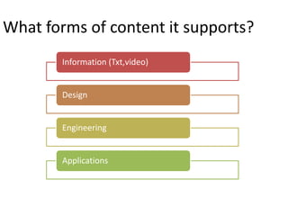 What forms of content it supports?
        Information (Txt,video)


        Design


        Engineering


        Applications
 