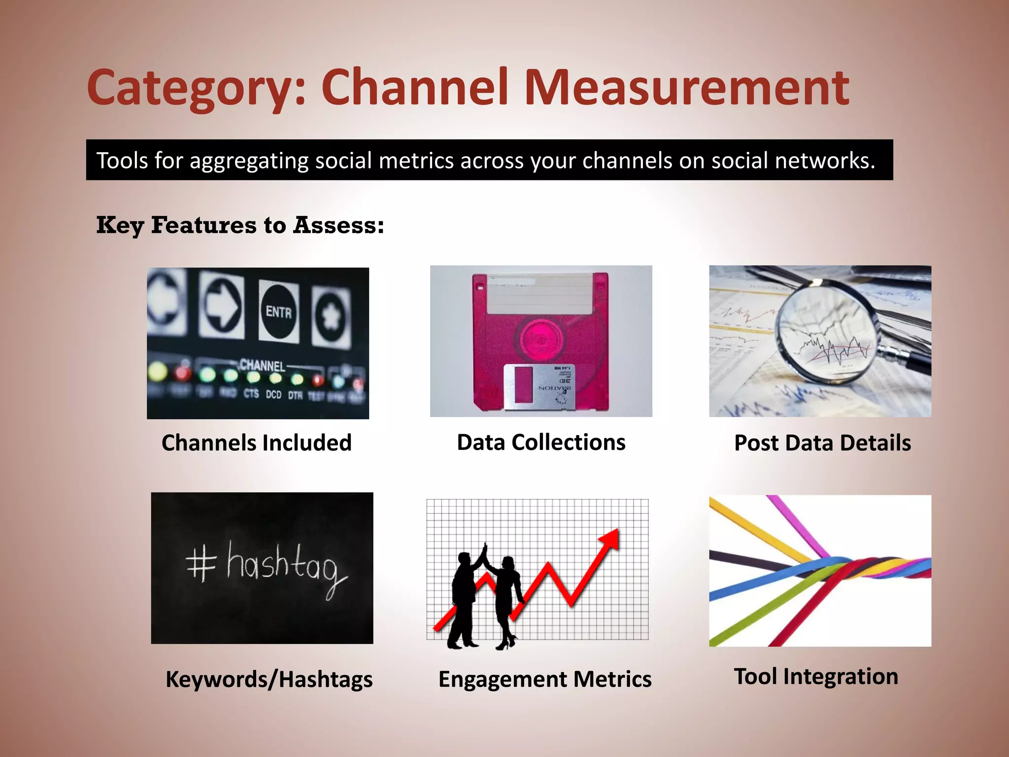 Category: Channel Measurement
Post Data Details
Key Features to Assess:
Engagement Metrics
Data Collections
Keywords/Hashtags
Tools for aggregating social metrics across your channels on social networks.
Channels Included
Tool Integration
 