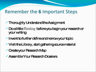 Remember the  6  Important Steps Thoroughly Understand the Assignment Do a little  Thinking  before you begin your research or your writing Invent to further define and narrow your topic Visit the Library, start gathering source material Create your Research Map  Assemble Your Research Dossiers 