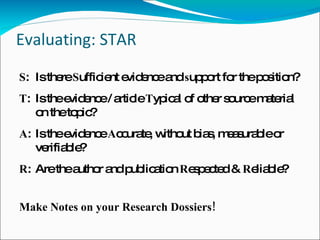 Evaluating: STAR S : Is there  S ufficient evidence and  s upport for the position? T : Is the evidence / article  T ypical of other source material on the topic? A : Is the evidence  A ccurate, without bias, measurable or verifiable? R : Are the author and publication  R espected &  R eliable? Make Notes on your Research Dossiers! 