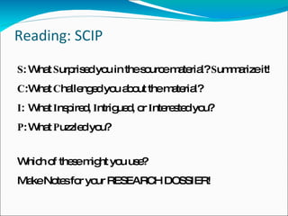 Reading: SCIP S : What  S urprised you in the source material?  S ummarize it! C : What  C hallenged you about the material? I : What  I nspired,  I ntrigued, or  I nterested you? P : What  P uzzled you? Which of these might you use? Make Notes for your RESEARCH DOSSIER! 