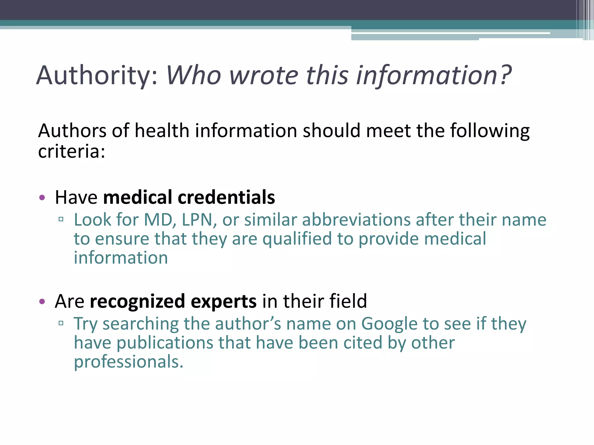 Evaluating Sources Of Online Health Information Ppt