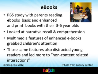 eBooks	
  
•  PBS	
  study	
  with	
  parents	
  reading	
  	
  	
  	
  	
  	
  	
  	
  	
  	
  	
  	
  	
  	
  	
  	
  	
  	
  	
  	
  	
  	
  
ebooks	
  	
  basic	
  and	
  enhanced	
  	
  	
  	
  	
  	
  	
  	
  	
  	
  	
  	
  	
  	
  	
  	
  	
  	
  	
  	
  	
  	
  	
  	
  	
  	
  	
  	
  	
  	
  	
  	
  
and	
  print	
  	
  books	
  with	
  their	
  	
  3-­‐6	
  year	
  olds	
  	
  
•  Looked	
  at	
  narraIve	
  recall	
  &	
  comprehension	
  
•  MulImedia	
  features	
  of	
  enhanced	
  e-­‐books	
  
grabbed	
  children’s	
  ahenIon	
  
•  Those	
  same	
  features	
  also	
  distracted	
  young	
  
readers	
  and	
  led	
  more	
  to	
  “non-­‐content	
  related	
  
interacIons”	
  	
  

	
  

(Chiong	
  et	
  al	
  2012)	
  	
  	
  	
  	
  	
  	
  	
  	
  	
  	
  	
  	
  	
  	
  	
  	
  	
  	
  	
  	
  	
  	
  	
  	
  	
  	
  	
  	
  	
  	
  	
  	
  	
  	
  	
  	
  	
  	
  	
  	
  	
  	
  	
  	
  	
  	
  	
  	
  	
  	
  	
  	
  	
  	
  	
  	
  	
  	
  	
  	
  (Photo	
  from	
  Cooney	
  Center)

 
