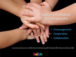 Social-­‐EmoIonal	
  
Development	
  
•  Encouragement	
  
•  CooperaIon	
  
•  CollaboraIon	
  
	
  
(see	
  reviews	
  by	
  Penuel	
  et	
  al.	
  2009;	
  McCarrick	
  &	
  Xiaoming	
  2007;	
  Glaubke	
  2007;	
  Clements	
  &	
  Sarama	
  2003	
  
&	
  Sarama	
  2003)	
  

 
