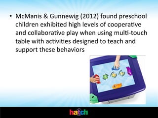 •  McManis	
  &	
  Gunnewig	
  (2012)	
  found	
  preschool	
  
children	
  exhibited	
  high	
  levels	
  of	
  cooperaIve	
  
and	
  collaboraIve	
  play	
  when	
  using	
  mulI-­‐touch	
  
table	
  with	
  acIviIes	
  designed	
  to	
  teach	
  and	
  
support	
  these	
  behaviors	
  

 