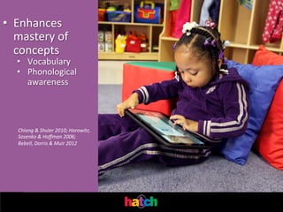 •  Enhances	
  
mastery	
  of	
  
concepts	
  
	
  

•  Vocabulary	
  
•  Phonological	
  
awareness	
  

Chiong	
  &	
  Shuler	
  2010;	
  Horowitz,	
  
Sosenko	
  &	
  Hoﬀman	
  2006;	
  
Bebell,	
  Dorris	
  &	
  Muir	
  2012	
  

.	
  

 