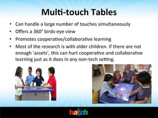 Mul0-­‐touch	
  Tables	
  
• 
• 
• 
• 

Can	
  handle	
  a	
  large	
  number	
  of	
  touches	
  simultaneously	
  
Oﬀers	
  a	
  360°	
  birds-­‐eye	
  view	
  
Promotes	
  cooperaIve/collaboraIve	
  learning	
  
Most	
  of	
  the	
  research	
  is	
  with	
  older	
  children.	
  If	
  there	
  are	
  not	
  
enough	
  ‘assets’,	
  this	
  can	
  hurt	
  cooperaIve	
  and	
  collaboraIve	
  
learning	
  just	
  as	
  it	
  does	
  in	
  any	
  non-­‐tech	
  sesng.	
  

 