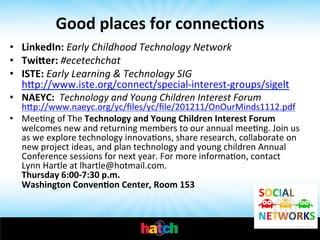 Good	
  places	
  for	
  connec0ons	
  
•  LinkedIn:	
  Early	
  Childhood	
  Technology	
  Network	
  
•  Twi[er:	
  #ecetechchat	
  
•  ISTE:	
  Early	
  Learning	
  &	
  Technology	
  SIG	
  
hhp://www.iste.org/connect/special-­‐interest-­‐groups/sigelt	
  
•  NAEYC:	
  	
  Technology	
  and	
  Young	
  Children	
  Interest	
  Forum	
  

hhp://www.naeyc.org/yc/ﬁles/yc/ﬁle/201211/OnOurMinds1112.pdf	
  
•  MeeIng	
  of	
  The	
  Technology	
  and	
  Young	
  Children	
  Interest	
  Forum	
  
welcomes	
  new	
  and	
  returning	
  members	
  to	
  our	
  annual	
  meeIng.	
  Join	
  us	
  
as	
  we	
  explore	
  technology	
  innovaIons,	
  share	
  research,	
  collaborate	
  on	
  
new	
  project	
  ideas,	
  and	
  plan	
  technology	
  and	
  young	
  children	
  Annual	
  
Conference	
  sessions	
  for	
  next	
  year.	
  For	
  more	
  informaIon,	
  contact	
  
Lynn	
  Hartle	
  at	
  lhartle@hotmail.com.	
  
Thursday	
  6:00-­‐7:30	
  p.m.	
  
Washington	
  Conven0on	
  Center,	
  Room	
  153	
  
	
  

 