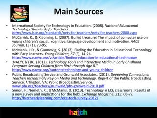Main	
  Sources	
  
• 
• 
• 
• 
• 

• 
	
  

InternaIonal	
  Society	
  for	
  Technology	
  in	
  EducaIon.	
  (2008).	
  Na'onal	
  Educa'onal	
  
Technology	
  Standards	
  for	
  Teachers.	
  
hVp://www.iste.org/standards/nets-­‐for-­‐teachers/nets-­‐for-­‐teachers-­‐2008.aspx	
  
McCarrick,	
  K.,	
  &	
  Xiaoming,	
  L.	
  (2007).	
  Buried	
  treasure:	
  The	
  impact	
  of	
  computer	
  use	
  on	
  
young	
  children’s	
  social,	
  	
  cogniIve,	
  language	
  development	
  and	
  moIvaIon.	
  AACE	
  
Journal,	
  15	
  (1),	
  73-­‐95.	
  
McManis,	
  L.D.,	
  &	
  Gunnewig,	
  S.	
  (2012).	
  Finding	
  the	
  EducaIon	
  in	
  EducaIonal	
  Technology	
  
with	
  Early	
  Learners.	
  Young	
  Children,	
  67	
  (3),	
  14-­‐24.	
  
hhp://www.naeyc.org/yc/arIcle/ﬁnding-­‐educaIon-­‐in-­‐educaIonal-­‐technology	
  
	
  NAEYC	
  &	
  FRC.	
  (2012).	
  Technology	
  Tools	
  and	
  Interac've	
  Media	
  in	
  Early	
  Childhood	
  
Programs	
  Serving	
  Children	
  from	
  Birth	
  through	
  Age	
  8.”	
  
hhp://www.naeyc.org/content/technology-­‐and-­‐young-­‐children	
  
Public	
  BroadcasIng	
  Service	
  and	
  Grunwald	
  Associates.	
  (2011).	
  Deepening	
  Connec'ons:	
  
Teachers	
  Increasingly	
  Rely	
  on	
  Media	
  and	
  Technology.	
  Report	
  of	
  the	
  Public	
  BroadcasIng	
  
Service.	
  Arlington,	
  VA:	
  Public	
  BroadcasIng	
  Service.	
  
www.pbs.org/teachers/grunwald/pbs-­‐grunwald-­‐2010.pdf	
  
Simon,	
  F.,	
  Nemeth,	
  K.,	
  &	
  McManis,	
  D.	
  (2013).	
  Technology	
  in	
  ECE	
  classrooms:	
  Results	
  of	
  
a	
  new	
  survey	
  and	
  implicaIons	
  for	
  the	
  ﬁeld.	
  Exchange	
  Magazine,	
  213,	
  68-­‐75.	
  
hhp://hatchearlylearning.com/ece-­‐tech-­‐survey-­‐2012/	
  

 