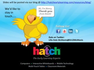  

Slides	
  will	
  be	
  posted	
  via	
  our	
  blog	
  @	
  hhp://hatchearlylearning.com/resources/blog/	
  

Where	
  we	
  will	
  be	
  next…..	
  

We’d	
  like	
  to	
  
stay	
  in	
  
touch…..	
  

•  NaIonal	
  Head	
  Start	
  AssociaIon	
  Conference	
  April	
  
18	
  in	
  Nashville	
  
–  Using	
  Technology	
  to	
  Support	
  Social-­‐EmoIonal	
  
Development	
  in	
  Young	
  Children	
  

Dale	
   C Twi[er:	
  	
  
•  McCormick	
  Center	
  for	
  Early	
  on	
  hildhood	
  Leadership	
  
Lilla	
  Dale	
  McManis@DrLDMcManis	
  	
  
ConnecIons	
  Conference	
  May	
  10-­‐12	
  in	
  Chicago	
  

–  EvaluaIng	
  EducaIonal	
  Technology	
  in	
  Early	
  Childhood	
  

•  InternaIonal	
  Society	
  for	
  Technology	
  in	
  EducaIon	
  
(ISTE)	
  Conference	
  June	
  25	
  in	
  San	
  Diego	
  
–  School	
  Readiness:	
  Outcomes	
  and	
  Approaches	
  

 