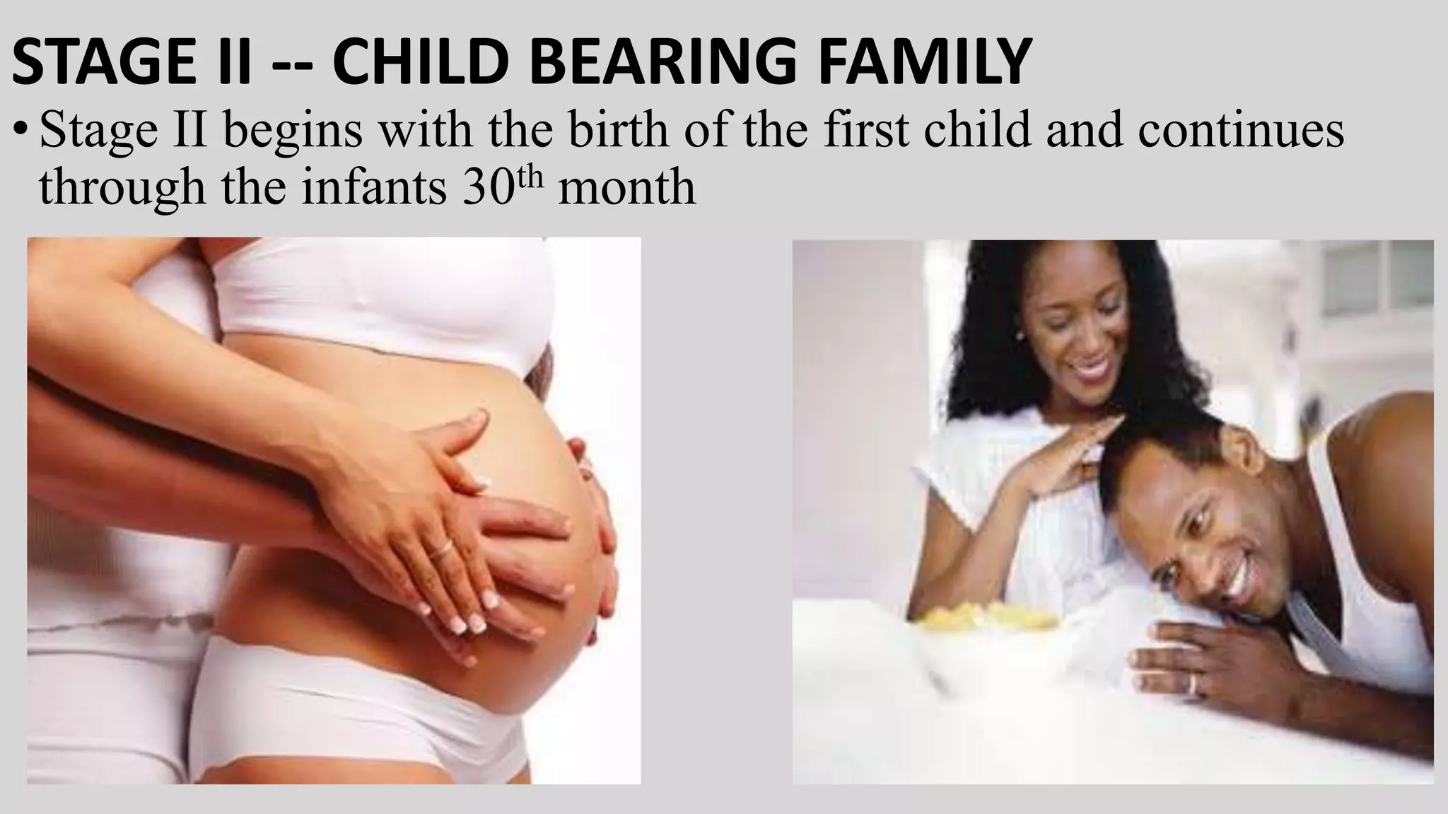 STAGE II -- CHILD BEARING FAMILY
•Stage II begins with the birth of the first child and continues
through the infants 30th month
 
