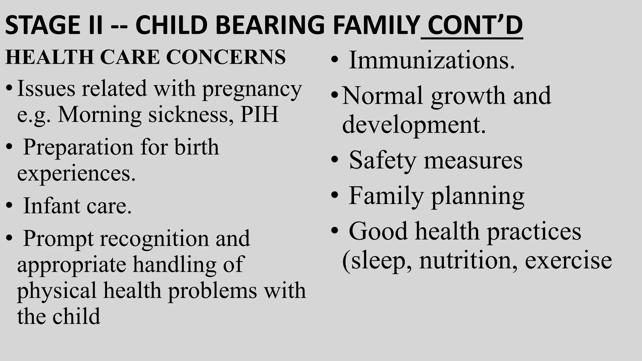 STAGE II -- CHILD BEARING FAMILY CONT’D
HEALTH CARE CONCERNS
•Issues related with pregnancy
e.g. Morning sickness, PIH
• Preparation for birth
experiences.
• Infant care.
• Prompt recognition and
appropriate handling of
physical health problems with
the child
• Immunizations.
•Normal growth and
development.
• Safety measures
• Family planning
• Good health practices
(sleep, nutrition, exercise
 