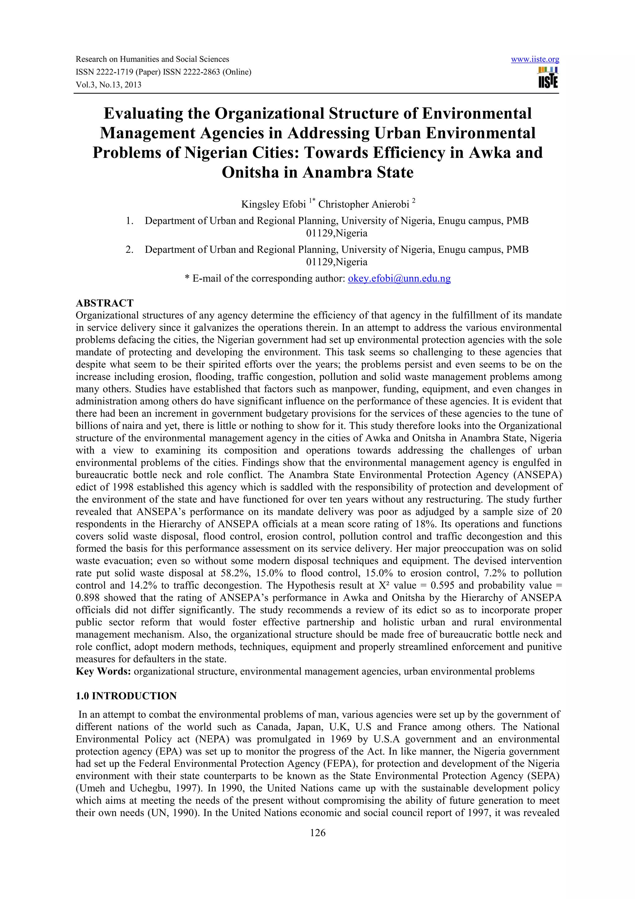 Evaluating the organizational structure of environmental management ...