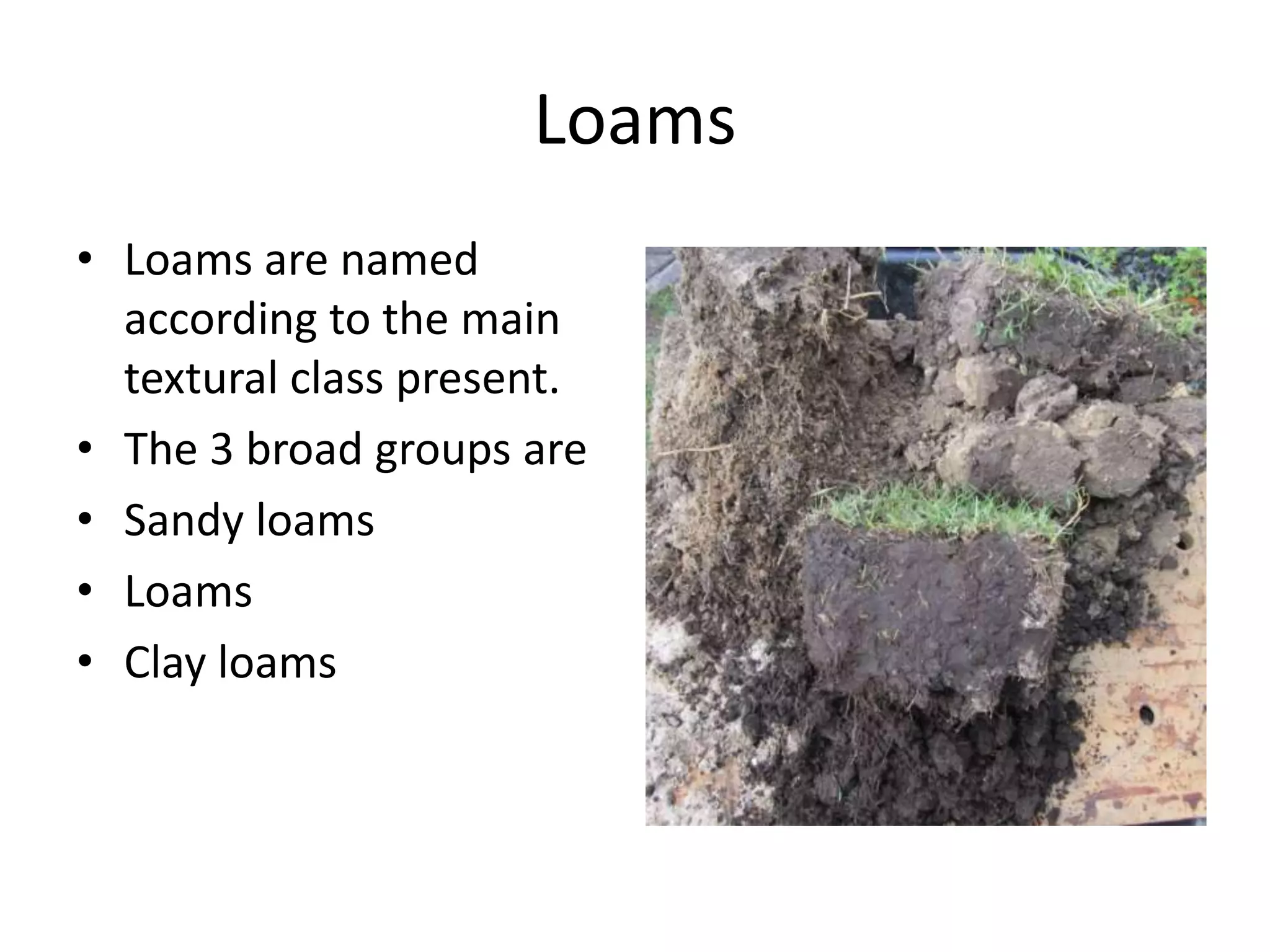 Loams
• Loams are named
  according to the main
  textural class present.
• The 3 broad groups are
• Sandy loams
• Loams
• Clay loams
 