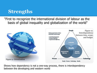 Strengths
"First to recognize the international division of labour as the
   basis of global inequality and globalization of the world"

                                                                         Figure 10.
                                                                  Interdependency
                                                               between time, scope,
                                                                       and budget.




 Figure 9. Globalization


Shows how dependency is not a one-way process, there is interdependency
between the developing and western world
 