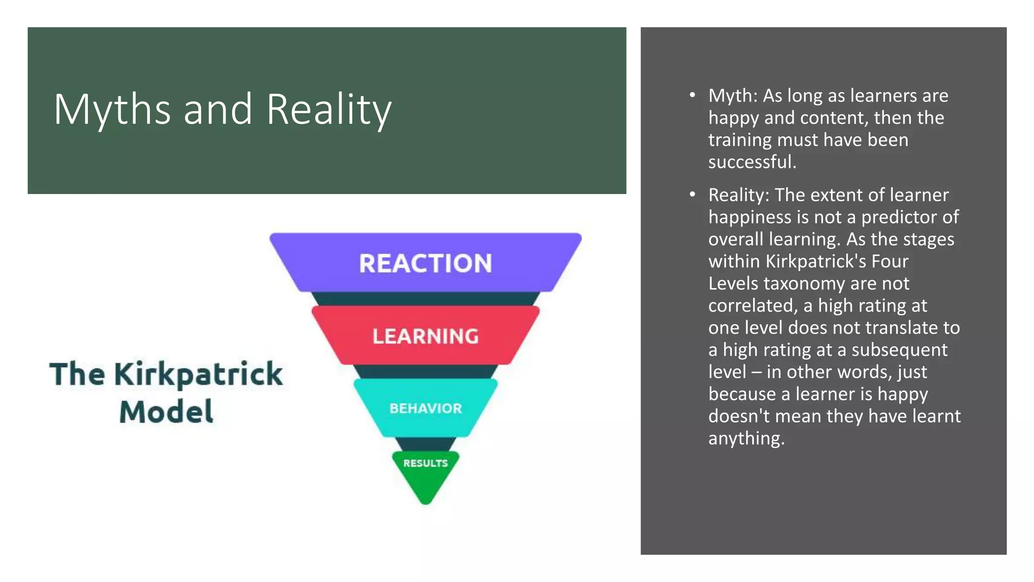 Myths and Reality • Myth: As long as learners are
happy and content, then the
training must have been
successful.
• Reality: The extent of learner
happiness is not a predictor of
overall learning. As the stages
within Kirkpatrick's Four
Levels taxonomy are not
correlated, a high rating at
one level does not translate to
a high rating at a subsequent
level – in other words, just
because a learner is happy
doesn't mean they have learnt
anything.
 