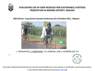 EVALUATING USE OF CROP RESIDUES FOR SUSTAINABLE LIVESTOCK PRODUCTION IN MZIMBA DISTRICT, MALAWI J. TANGANYIKA,  E. BANDASON,  T.N. GONDWE, AND S. HOMANN-KEE TUI 10th African  Crop Science Society Conference,10-13 October 2011 , Maputo SLP project :Optimizing livelihood and environmental benefits from crop residues in smallholder crop-livestock systems in sub-Saharan Africa and South Asia ( www.vslp.org ) 
