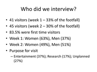 Who did we interview?
•
•
•
•
•
•

41 visitors (week 1 – 33% of the footfall)
45 visitors (week 2 – 30% of the footfall)
83.5% were first time visitors
Week 1: Women (63%), Men (37%)
Week 2: Women (49%), Men (51%)
Purpose for visit
– Entertainment (37%); Research (17%); Unplanned
(27%)

 