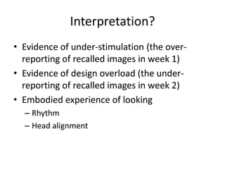 Interpretation?
• Evidence of under-stimulation (the overreporting of recalled images in week 1)
• Evidence of design overload (the underreporting of recalled images in week 2)
• Embodied experience of looking
– Rhythm
– Head alignment

 