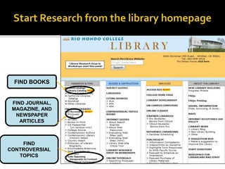 Website Evaluation ChecklistWho is responsible for website?Check the URL (Uniform Resource Locator or web site address)  because it may the name and type of organization sponsoring the webpage.  E.g. edu, com, museum, gov, net.Check for author of the website: Credentials, contact address, about link.Reason for webpage: Its purposeDetermine the origin of the document. Source: http://www.ala.org/ala/mgrps/divs/rusa/sections/history/resources/pubs/usingprimarysources/index.cfm#evaluating* Thanks to Stephanie Wells for sharing some of  her slides.