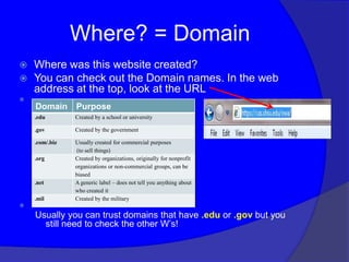 Where? = Domain
   Where was this website created?
   You can check out the Domain names. In the web
    address at the top, look at the URL

    Domain      Purpose
    .edu        Created by a school or university

    .gov        Created by the government

    .com/.biz   Usually created for commercial purposes
                (to sell things)
    .org        Created by organizations, originally for nonprofit
                organizations or non-commercial groups, can be
                biased
    .net        A generic label – does not tell you anything about
                who created it
    .mil        Created by the military

    Usually you can trust domains that have .edu or .gov but you
      still need to check the other W’s!
 