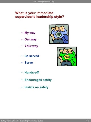 For Training Purposes Only
Safety Training Module - Evaluating Your Safety Culture 14
Coercive
What is your immediate
supervisor’s leadership style?
• My way
• Our way
• Your way
• Be served
• Serve
• Hands-off
• Encourages safety
• Insists on safety
 