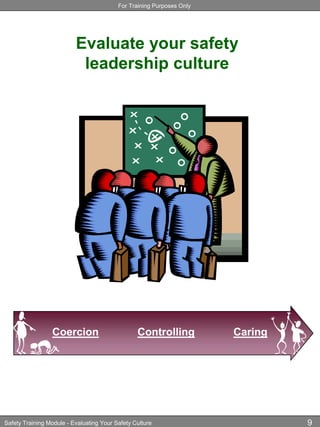 For Training Purposes Only
Safety Training Module - Evaluating Your Safety Culture 9
Coercion Controlling Caring
Evaluate your safety
leadership culture
 