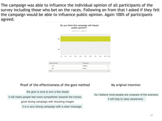 21
The campaign was able to influence the individual opinion of all participants of the
survey including those who bet on the races. Following on from that I asked if they felt
the campaign would be able to influence public opinion. Again 100% of participants
agreed.
My original intentionProof of the effectiveness of the gore method
 