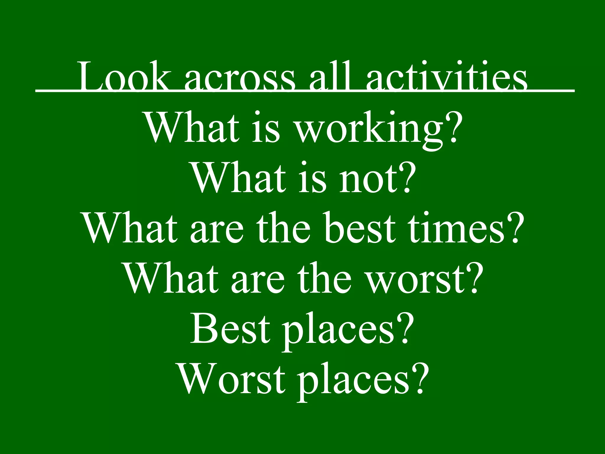 Look across all activities What is working? What is not? What are the best times? What are the worst? Best places? Worst places? 