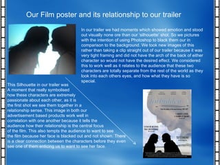 Our Film poster and its relationship to our trailer In our trailer we had moments which showed emotion and stood out visually none ore than our ‘silhouette’ shot. So we pictures with the intention of using Photoshop to black them our in comparison to the background. We took new images of this rather than taking a clip straight out of our trailer because it was very tight framing and did not have the arch of the back of either character so would not have the desired effect. We considered this to work well as it relates to the audience that these two characters are totally separate from the rest of the world as they look into each others eyes, and how what they have is so special. This Silhouette in our trailer was  A moment that really symbolised  how these characters are extremely  passionate about each other, as it is  the first shot we see them together in a  relationship sense. This image in both our  advertisement based products work well in  correlation with one another because it tells the  audience how their relationship is the central focus of the film. This also tempts the audience to want to see  the film because her face is blacked out and not shown. There is a clear connection between the characters before they even see one of them enticing us to want to see her face.  