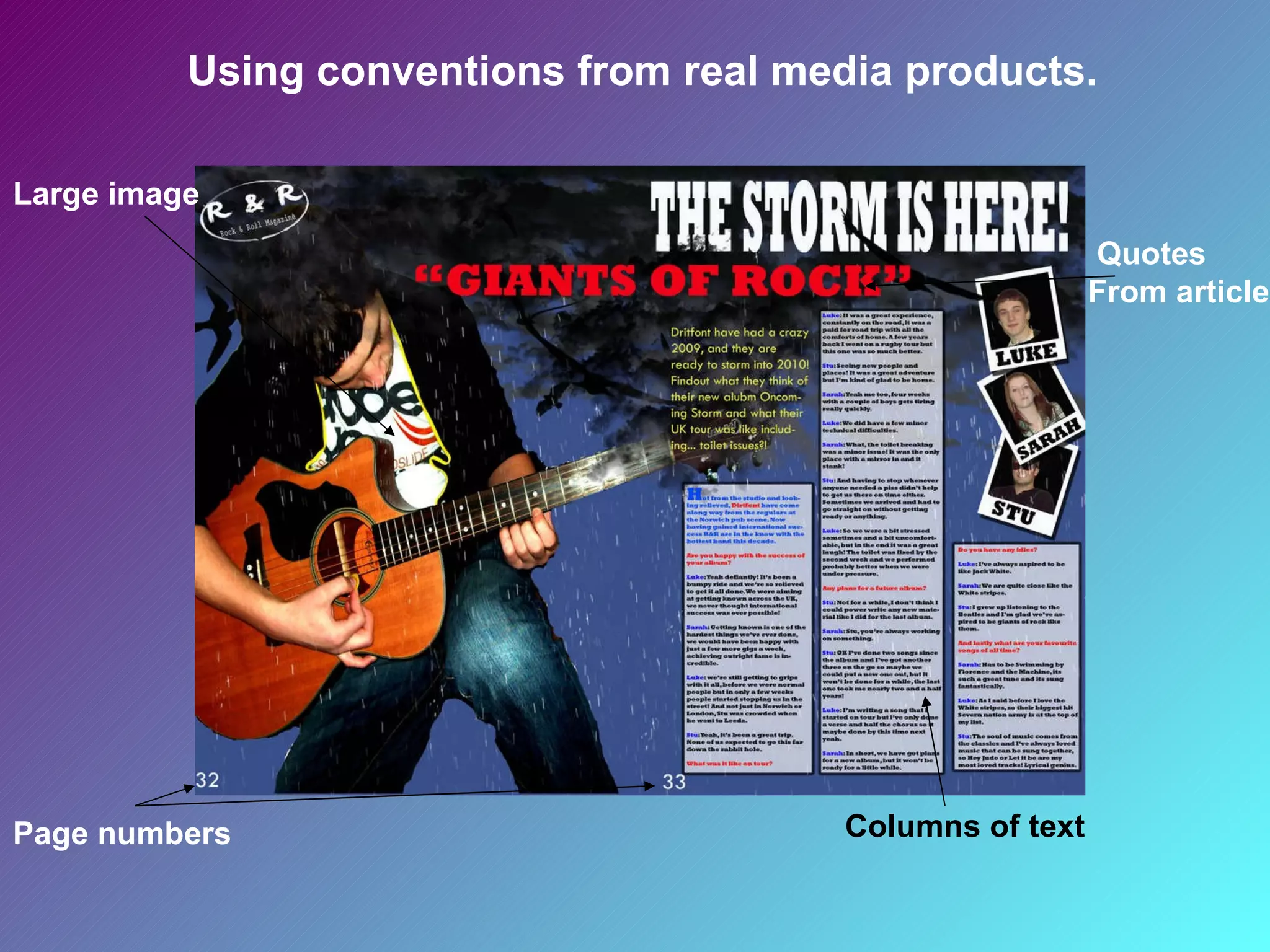 Using conventions from real media products. Large image Quotes  From article Page numbers Columns of text 